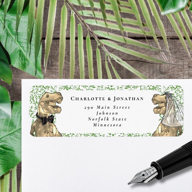Dinosaur Themed Wedding Custom Return Address (T-Rex bride and groom dinosaur wedding invitation return address label Watercolor foliage )