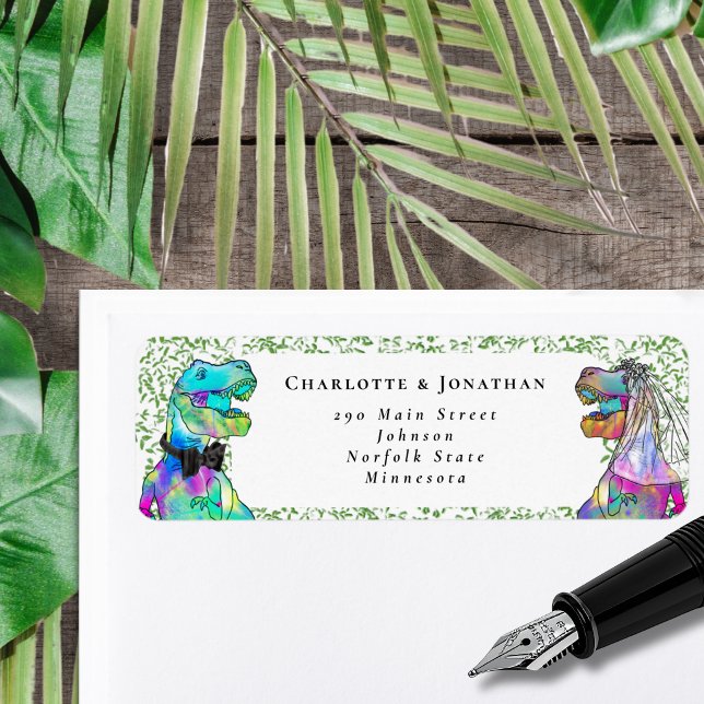 Dinosaur Themed Wedding Custom Return Address (T-Rex bride and groom dinosaur wedding invitation return address label sticker watercolor)