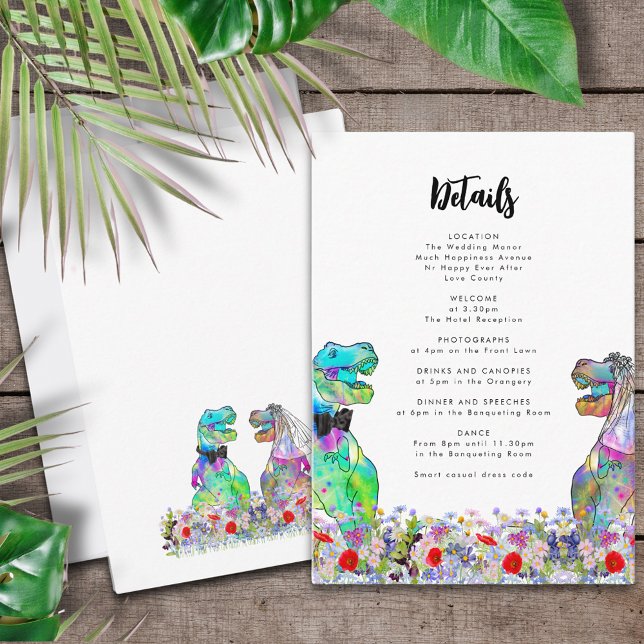 Dinosaur Themed Wedding Details Enclosure Card (T-Rex bride and groom with colorful wildflowers dinosaur wedding invitation details enclosure card)