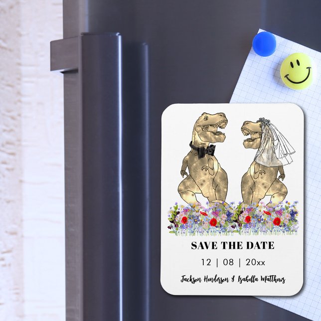 Dinosaur Themed Wedding Fun Save the Date Magnet (Dinosaur wedding save the date invitation magnet with T-Rex bride and groom with colorful wildflower)