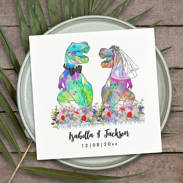 Dinosaur Themed Wedding Napkin (Dinosaur wedding funny T-Rex bride and groom colorful floral personalized napkin)
