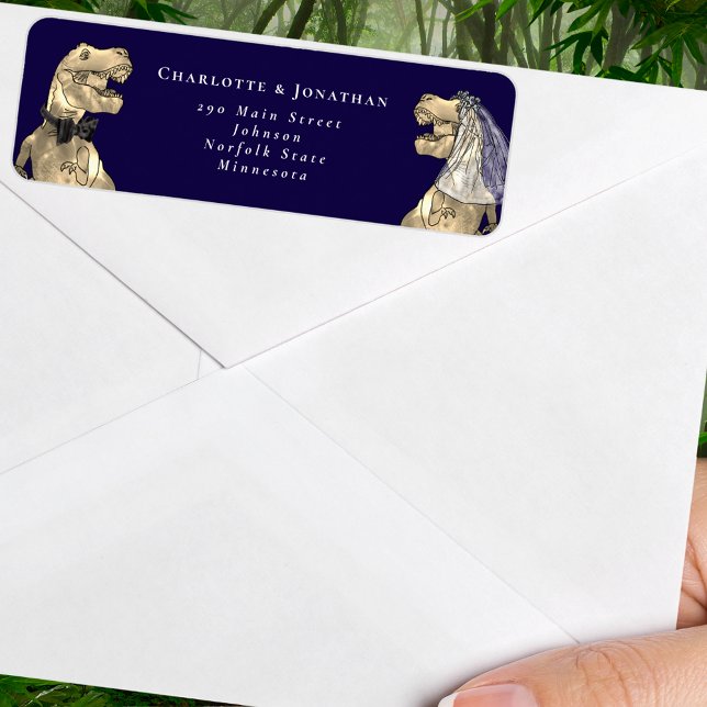 Dinosaur Themed Wedding Return Address (Dinosaur wedding navy blue and white custom return address label Sticker T-Rex dino bride and groom)