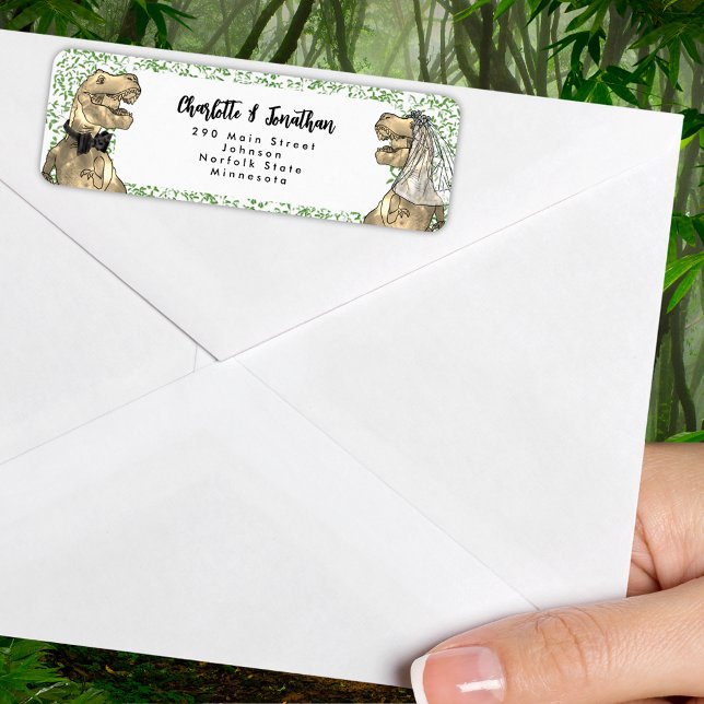 Dinosaur Themed Wedding Return Address (Dinosaur themed wedding funny T-Rex bride and groom jungle foliage return address label)