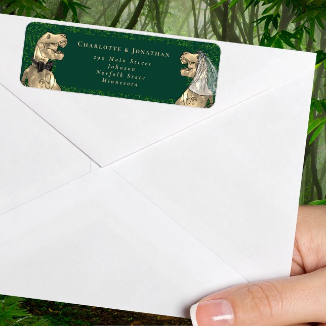 Dinosaur Themed Wedding Return Address (T-Rex bride and groom dinosaur wedding return address label Watercolor eucalyptus foliage)