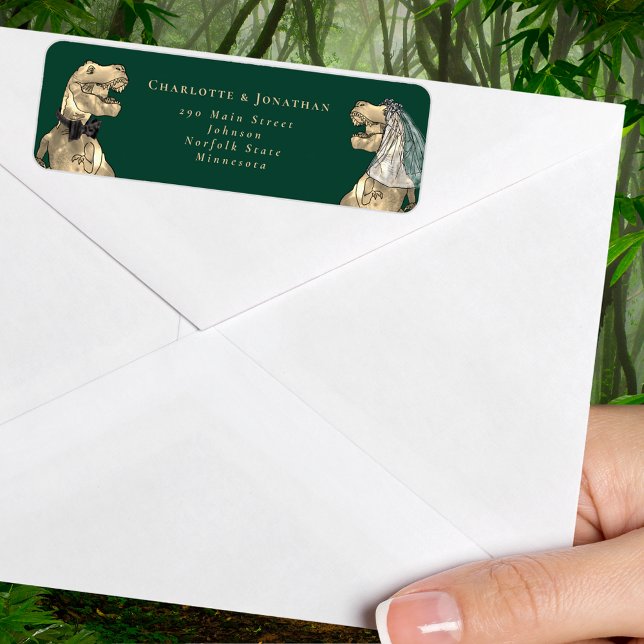 Dinosaur Themed Wedding Return Address (T-Rex bride and groom dinosaur wedding dark green return address label Watercolor Jurassic wedding)