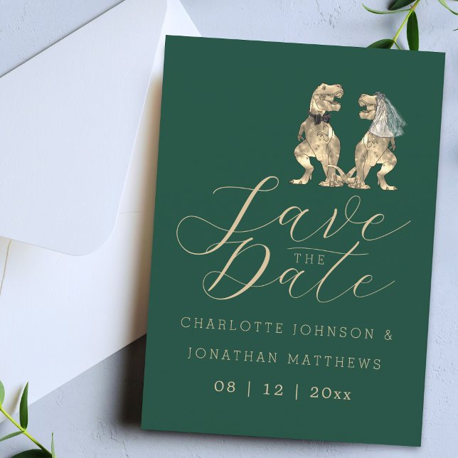 Dinosaur Themed Wedding Save The Date (Elegant dinosaur wedding save the date green invitation funny jurassic T-Rex dino bride and groom)