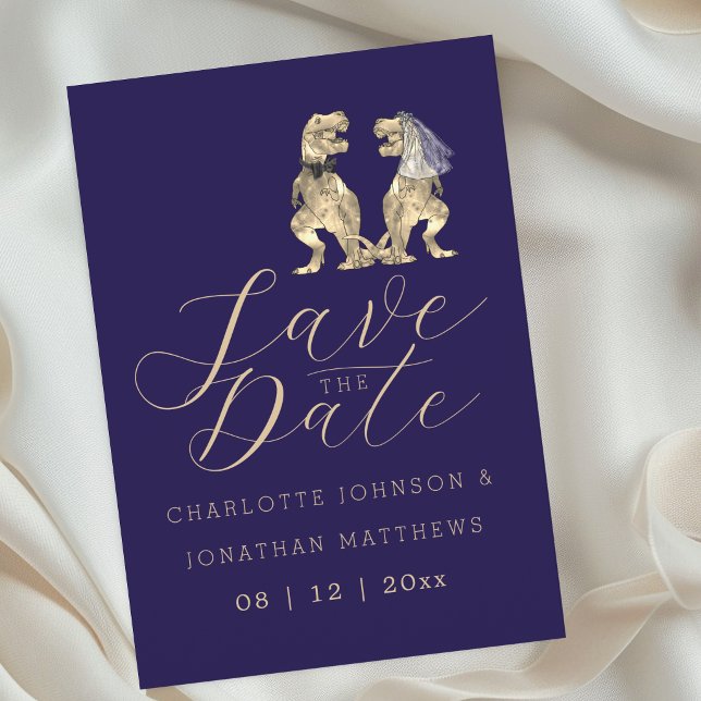 Dinosaur Themed Wedding Save The Date (Funny dinosaur bride and groom wedding save the date navy blue invitation)