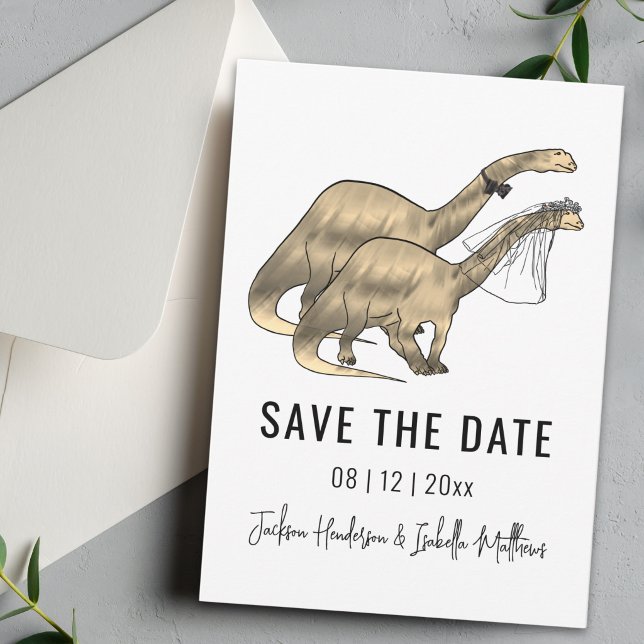 Dinosaur Themed Wedding Save The Date (Simple Dinosaur wedding save the date card Watercolor brontosaurus dino bride and groom)