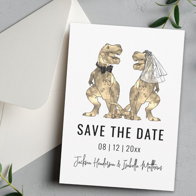 Dinosaur Themed Wedding Save The Date (Funny T-Rex bride and groom Dinosaur wedding save the date Minimalist stylish modern)