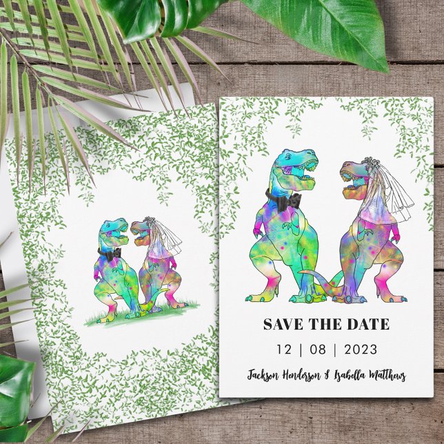 Dinosaur Themed Wedding Save The Date (Dinosaur themed wedding save the date invitation with colorful T-Rex bride and groom jungle foliage)