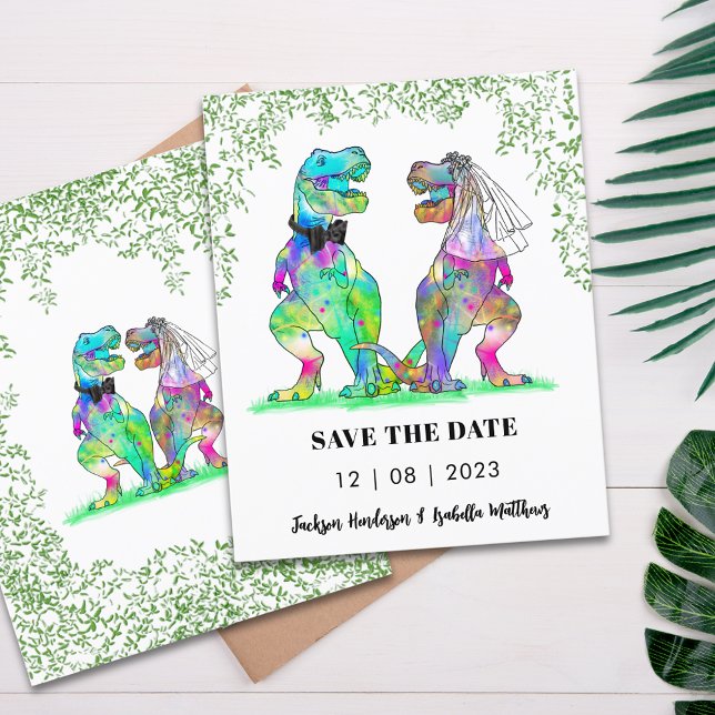 Dinosaur Themed Wedding Save the Date Budget (Dinosaur themed wedding save the date budget invitation T-Rex bride & groom Jurassic jungle foliage)