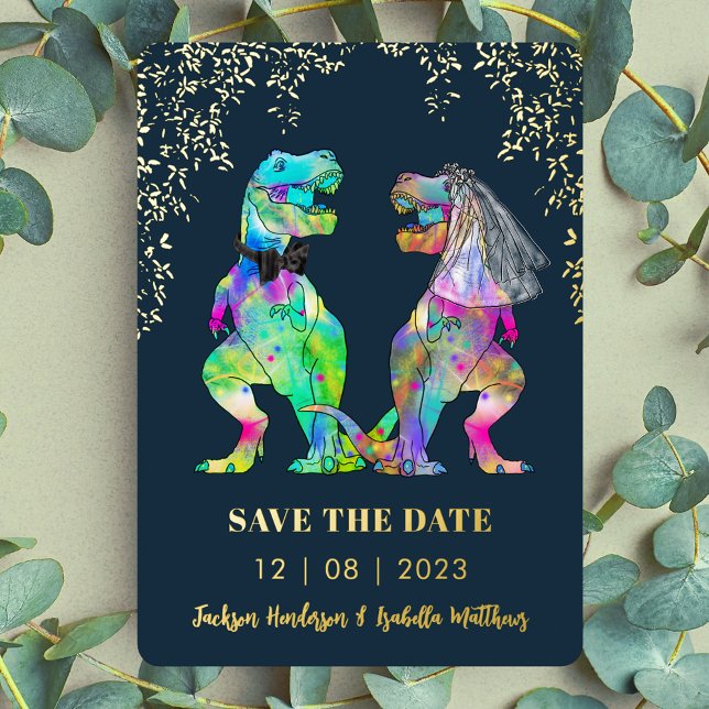 Dinosaur Themed Wedding Save the Date Gold (T-Rex bride and groom Dinosaur wedding save the date gold foil invitation eucalyptus leaf foliage )