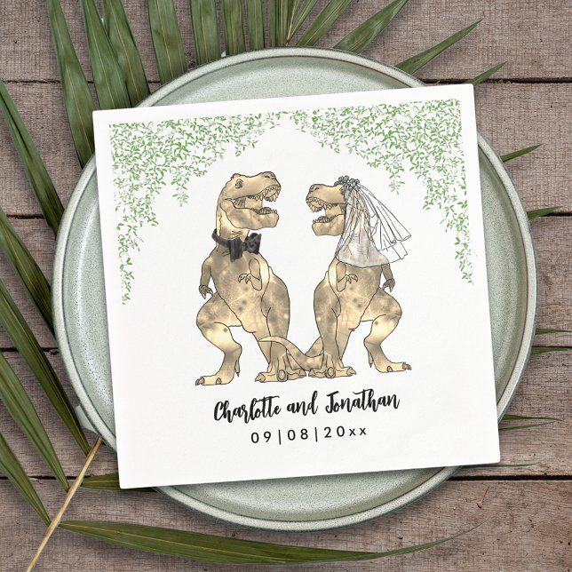 Dinosaur Themed Wedding T-Rex Bride and Groom Napkin (Dinosaur themed wedding with fun T-Rex bride and groom with  Jurassic jungle foliage custom napkin)