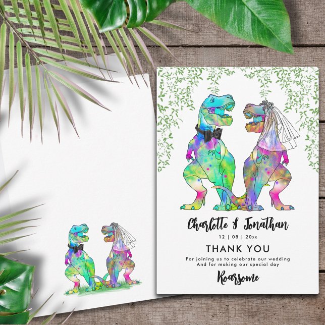 Dinosaur Themed Wedding Thank You Invitation (Colorful T-Rex bride and groom funny dinosaur wedding thank you card)