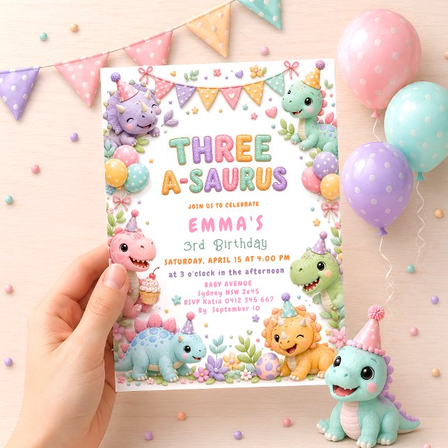 Dinosaur Three-A-Saurus 3rd Birthday Party Girl Invitation (Creator Uploaded)