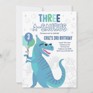 Dinosaur Three A-Saurus 3rd Birthday Party T-Rex  Invitation