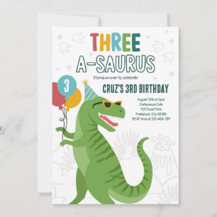 Dinosaur Three A-Saurus 3rd Birthday Party T-Rex  Invitation