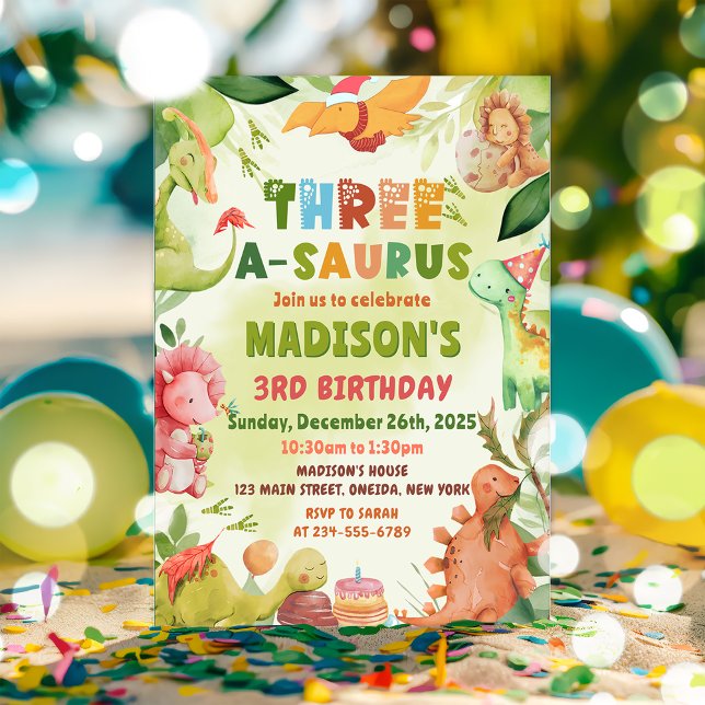 Dinosaur Three-A-Saurus Greenery 3rd Birthday Invitation (Creator Uploaded)