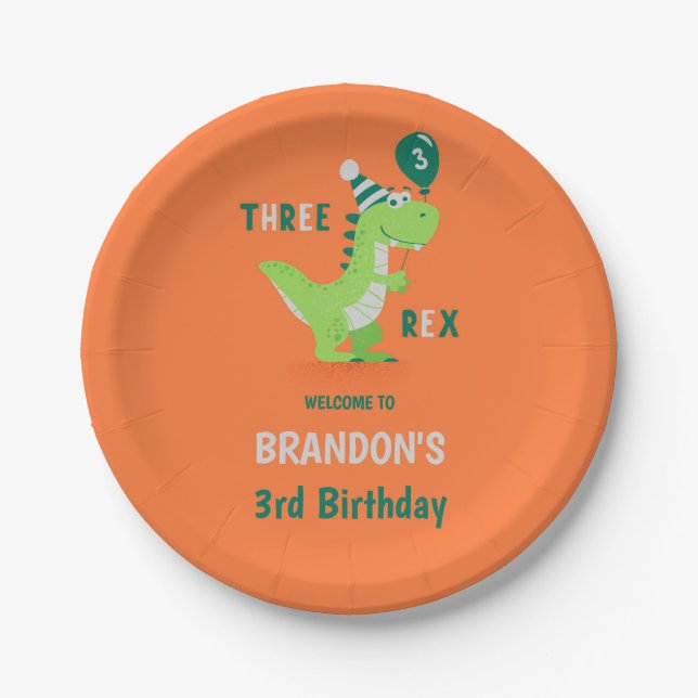 Dinosaur Three Rex 3rd Birthday Paper Plate (Front)