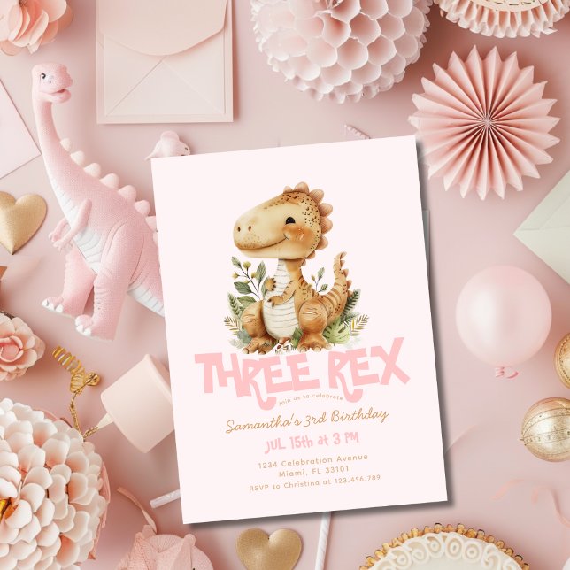 Dinosaur Three Rex 3rd Birthday Party Girl Pink Invitation (Creator Uploaded)