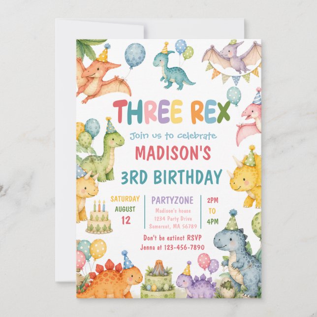 Dinosaur Three Rex 3rd Birthday Party Invitation (Front)