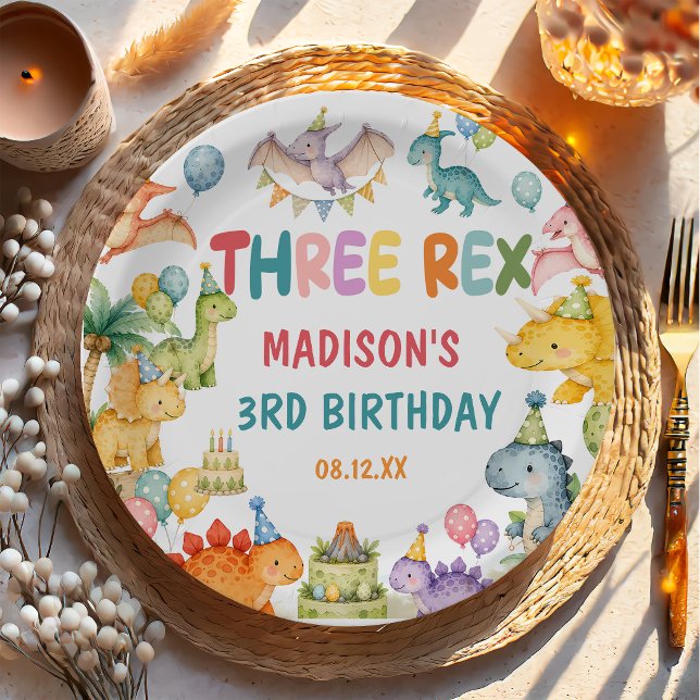 Dinosaur Three Rex 3rd Birthday Party  Paper Plate (Creator Uploaded)