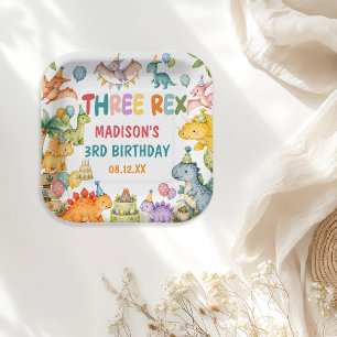 Dinosaur Three Rex 3rd Birthday Party Paper Plate