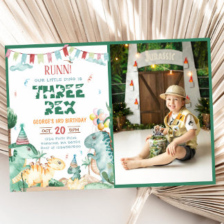 Dinosaur Three Rex 3rd Birthday Party Photo Invitation