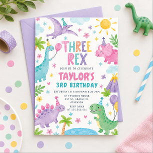 Dinosaur Three Rex 3rd Birthday Pastel Party Invitation