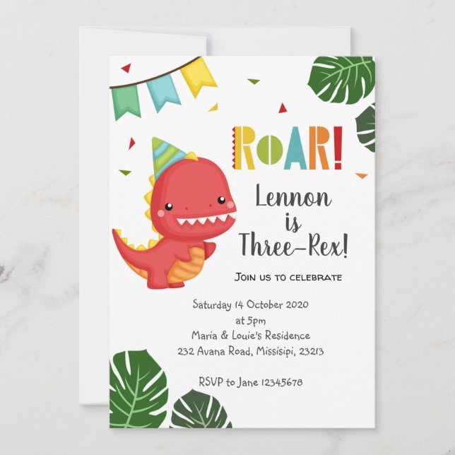 Dinosaur Three-Rex Birthday Invitation (Front)