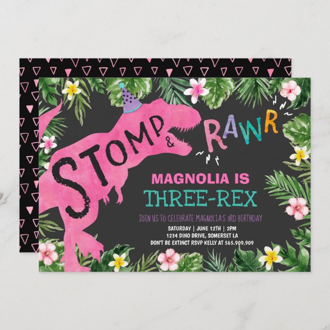 Dinosaur Three-Rex Birthday Invitation Girl Dino (Front/Back)