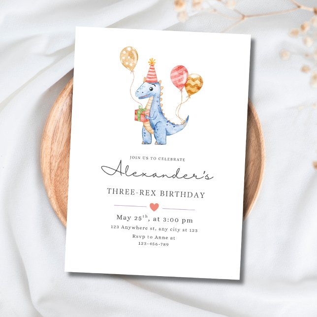 Dinosaur Three Rex Birthday Minimalist Dino Boys Invitation (dinosaur birthday invitation)