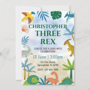 Dinosaur Three Rex Birthday Party Invitation