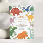 Dinosaur Three-Rex Boy Birthday Party Invitation<br><div class="desc">Get ready to stomp, chomp, and roar with this vibrant dinosaur-themed birthday invitation! Featuring a playful arrangement of hand-drawn dinos in every colour of the rainbow—plus lush jungle leaves on a modern white background—this invite is perfect for your little paleontologist’s big day. Great for dino-loving kids, this design brings a...</div>