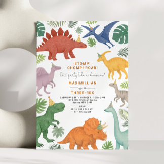 Dinosaur Three-Rex Boy Birthday Party Invitation