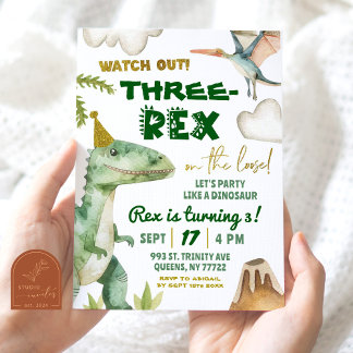 Dinosaur Three-Rex Boy's 3rd Birthday Party Invitation