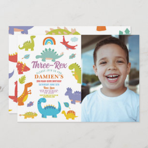 Dinosaur Three Rex Cute Boys Party Photo Invitation