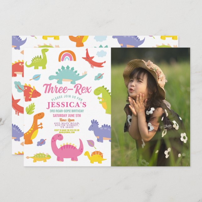 Dinosaur Three Rex Cute Girls Pink Party Photo Invitation (Front/Back)