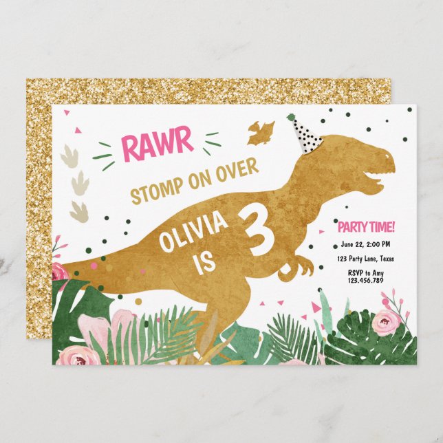 Dinosaur Three-Rex Dino Girl Pink Gold Birthday Invitation (Front/Back)