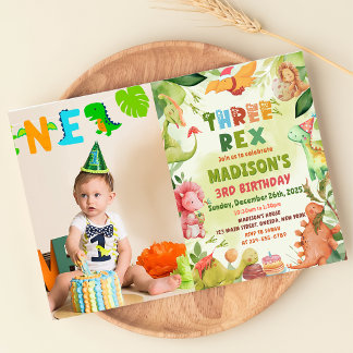 Dinosaur Three Rex Greenery 3rd Birthday Photo Invitation