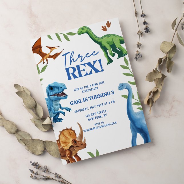 Dinosaur Three Rex Greenery Birthday Invitation (Creator Uploaded)