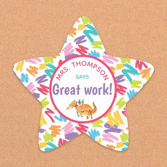 Dinosaur tiny colourful hearts teacher's complimen star sticker (Teacher award sticker for student)