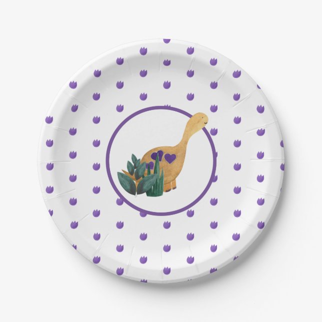Dinosaur Tracks Kid's Party Purple Dino Watercolor Paper Plate (Front)
