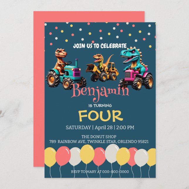 Dinosaur tractor truck balloon School Birthday  Invitation (Front/Back)