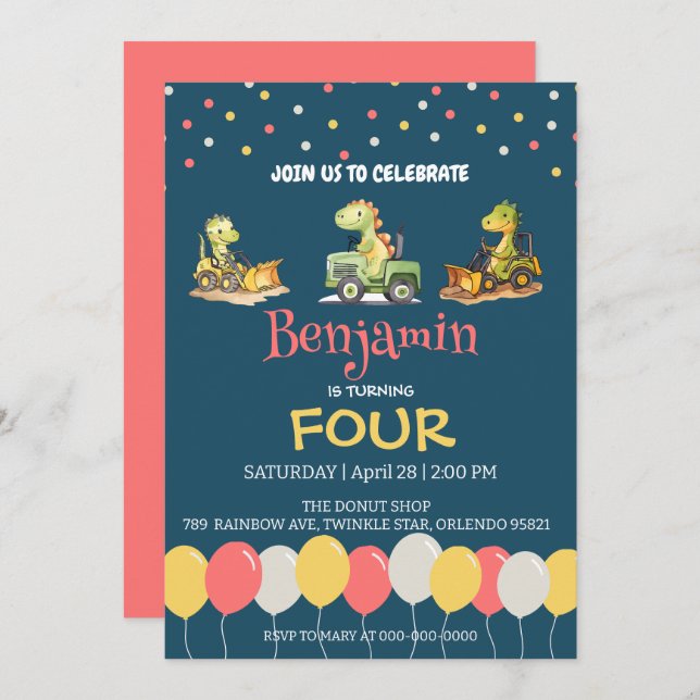 Dinosaur tractor truck balloon School Birthday  Invitation (Front/Back)