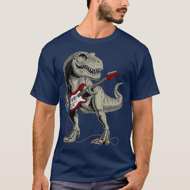 Dinosaur TRex Playing Bass Guitar Gift Tee (Front)