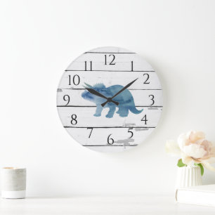 Dinosaur Triceratops Decor Rustic Shiplap Large Clock