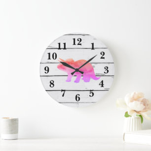 Dinosaur Triceratops Decor Rustic Shiplap Large Clock