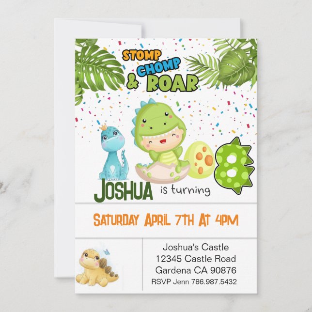 Dinosaur turning eight birthday invitation (Front)