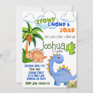 Dinosaur turning four birthday invitation